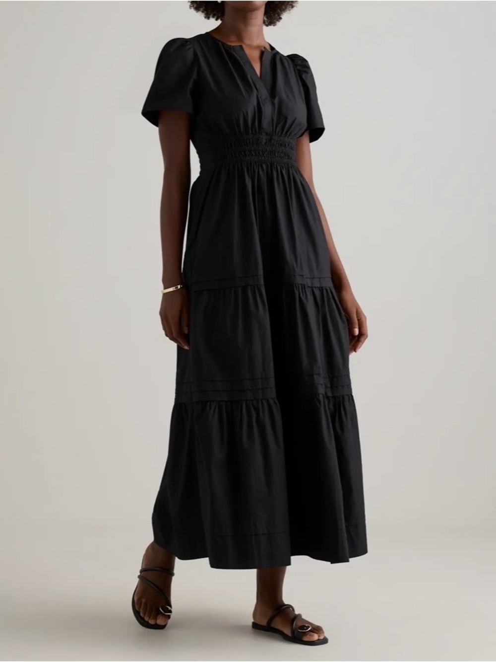 Quince 100% Organic Cotton Poplin Tiered Maxi Dress black short sleeve Large